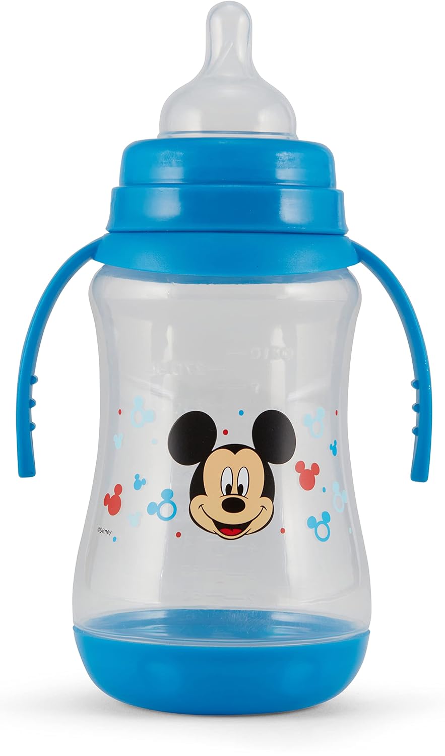 Disney Paquete de 2 biberones de 10 onzas con estampados de personajes y fundas de colores con doble asa, sin BPA y fácil de limpiar