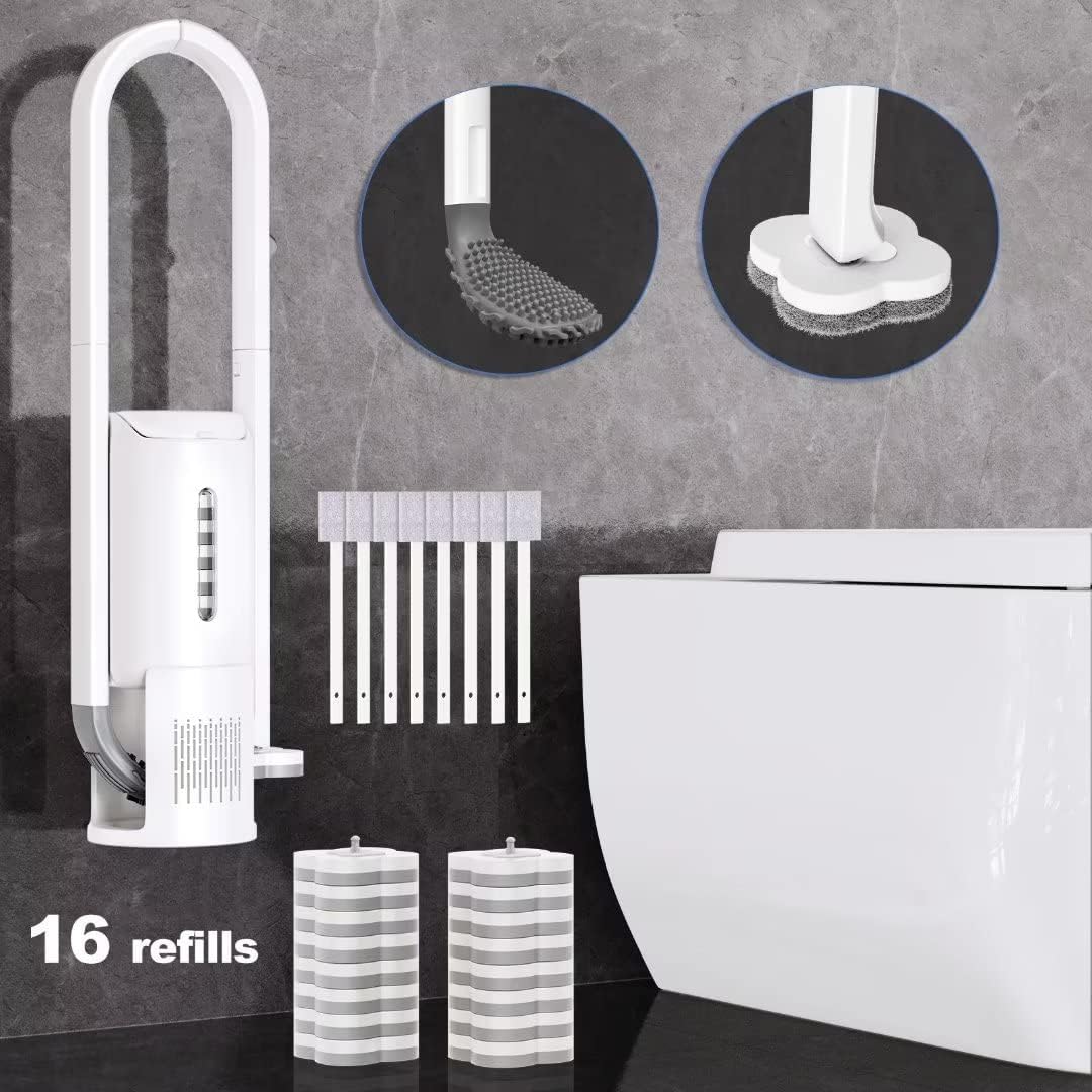 Toilet Brush Set with 2 Different Brushes.Disposable Toilet Bowl Brush with 16 Wand Refills,Golf Silicone Toilet Brush,Wall Mounted Ventilated