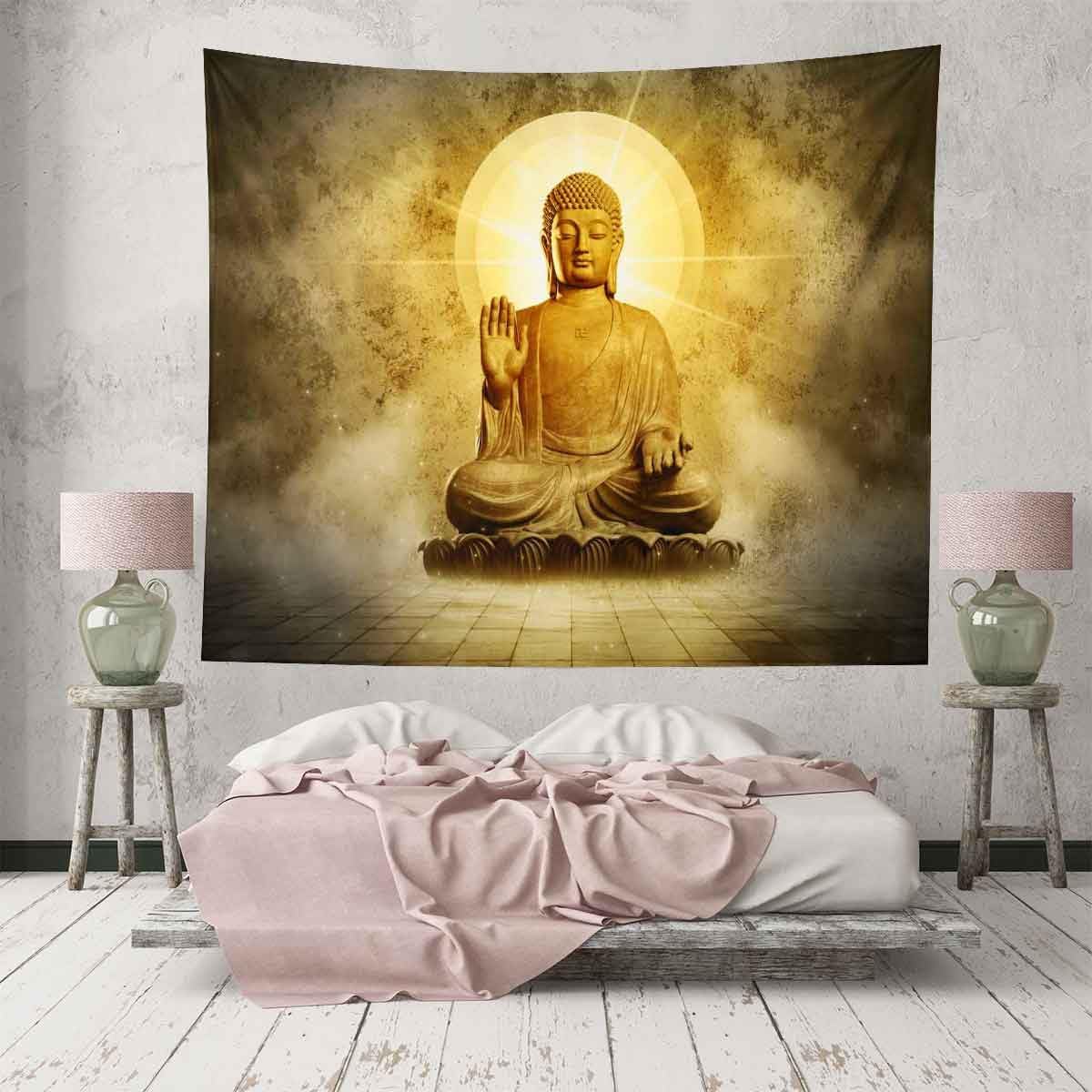 BULOR Tapiz de Buda sentado con luces doradas, tapiz de loto meditando zen, tapiz para colgar en la pared para niños, bebé, cumpleaños, dormitorio,