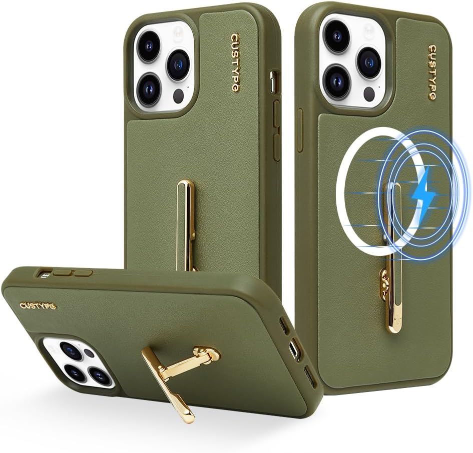 CUSTYPE – Funda protectora de cuero a prueba de golpes para iPhone 14 Pro Max, compatible con carga inalámbrica, soporte de 2 vías, soporte de