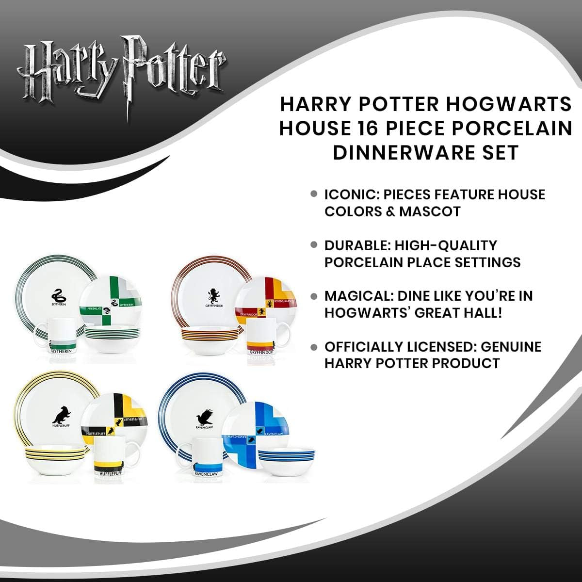 Juego de Vajilla Harry Potter Hogwarts House de Porcelana de 16 piezas – Incluye 4 Platos Comedores, 4 Platos para Ensalada, 4 Tazones y 4 Tazas –