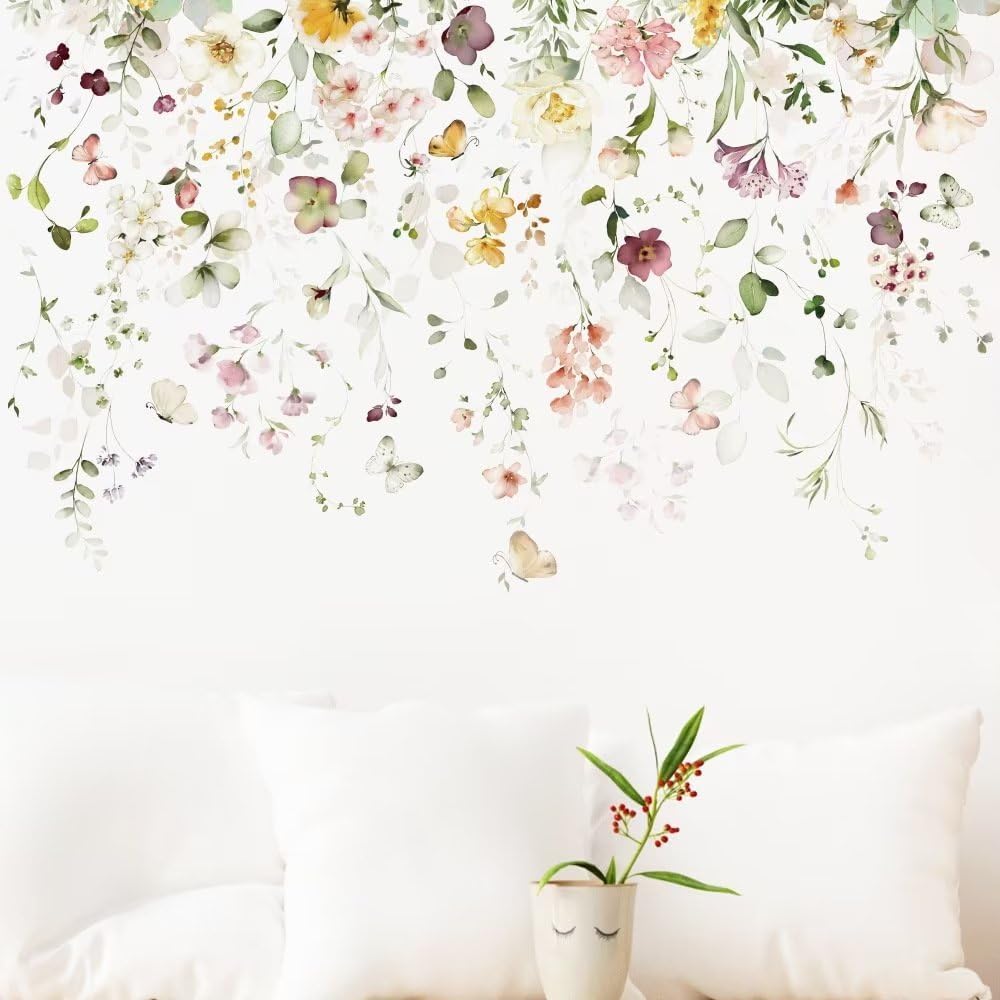 AWAKINK Calcomanías de pared de plantas, hojas, murales, acuarela, flores, vinilo, removibles, mariposas, arte de pared, bricolaje, despegar y