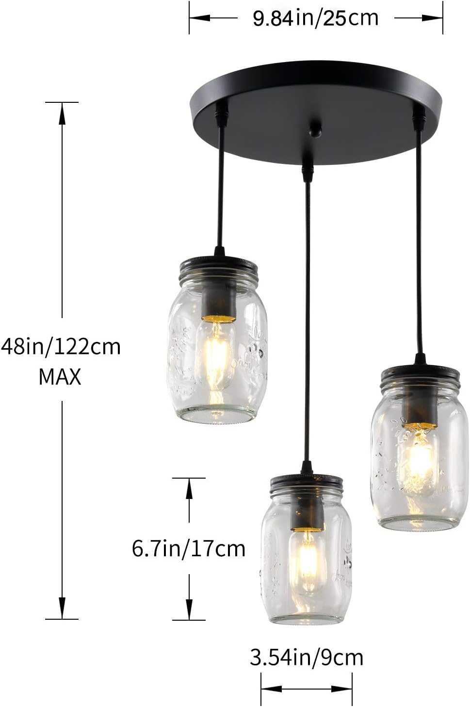 Lámparas de tarro de masón, 3 luces de casa de campo, lámpara colgante de tarro de cristal lámpara de techo ajustable para cocina, comedor, pasillo