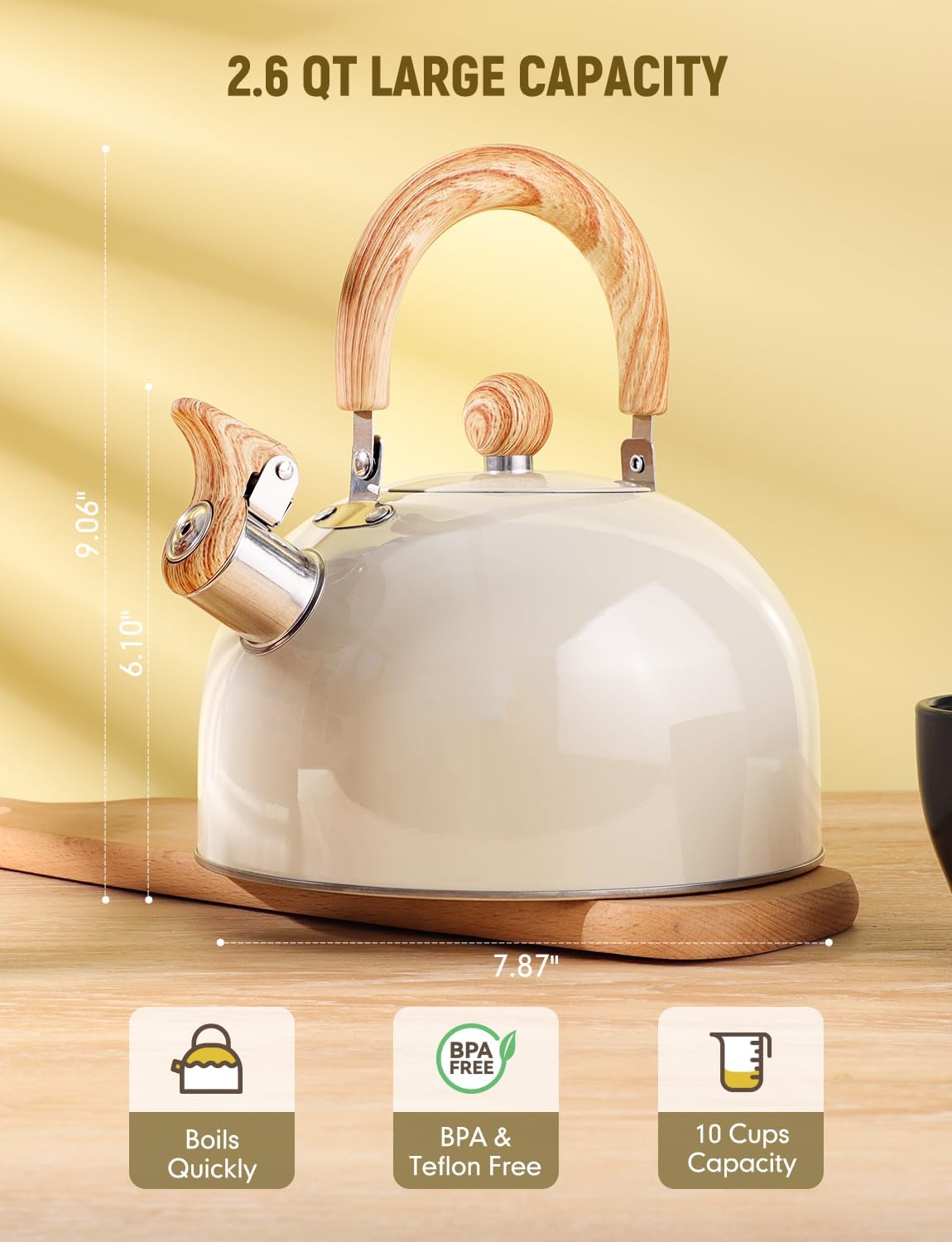 Hervidor de té Whistling para estufa, tetera de acero inoxidable de grado quirúrgico con mango ergonómico que se mantiene fresco, tetera de