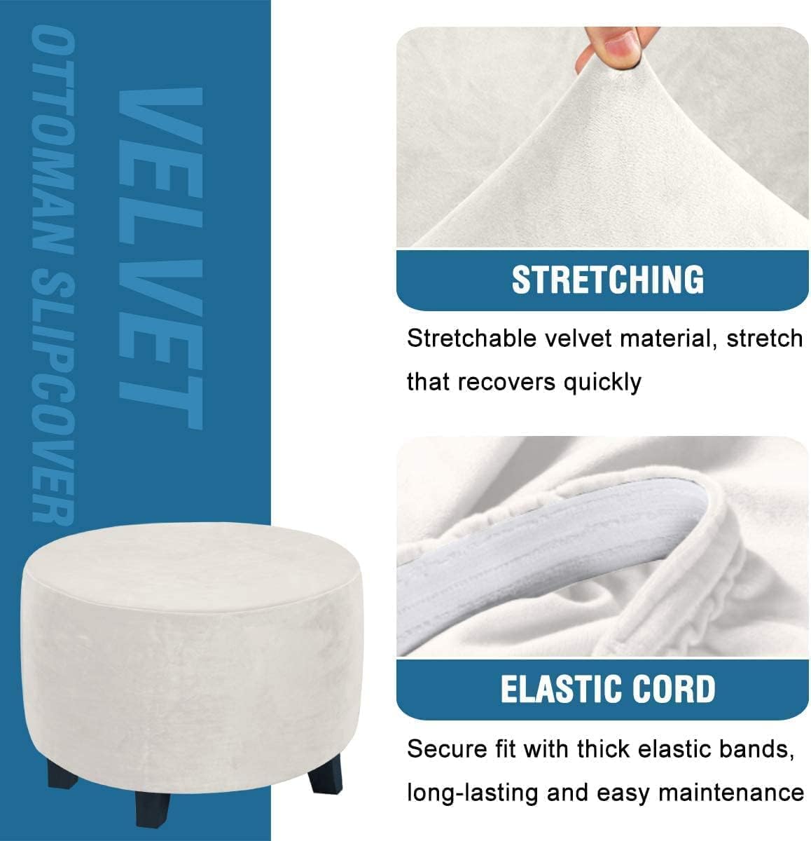 ADPON Funda otomana de felpa de terciopelo, funda otomana redonda súper elástica, lavable, protector de muebles para sala de estar (tamaño mediano,