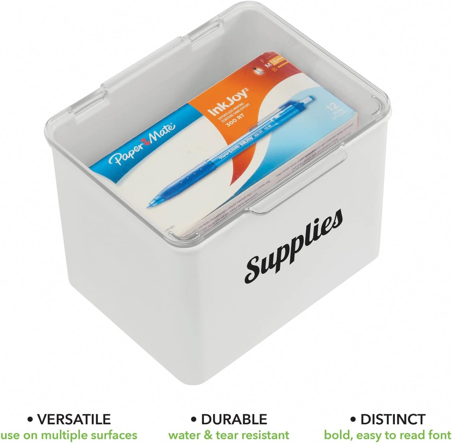 mDesign Caja organizadora de plástico apilable para el hogar, suministros de oficina con tapa con bisagras, para blocs de notas, bolígrafos de gel,