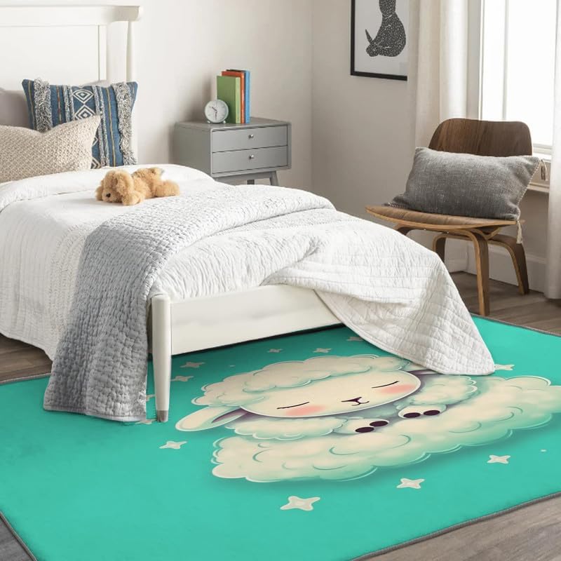 Alfombras lavables para sala de estar, dormitorio, alfombra de oveja y decoración del hogar, alfombra de área de animales bonitos de 5 x 8 pies,