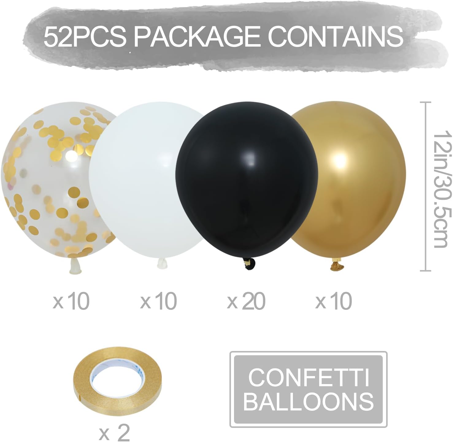 Decoraciones de Año Nuevo 2024, globos de confeti de oro negro, 52 globos de confeti dorado blanco y negro de 12 pulgadas con cintas doradas para