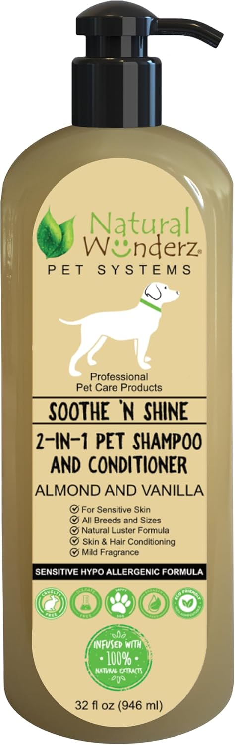 Soothe N’ Shine – Champú y acondicionador para mascotas, sin desprendimiento 2 en 1, almendra y vainilla, alivia la picazón y la piel seca,