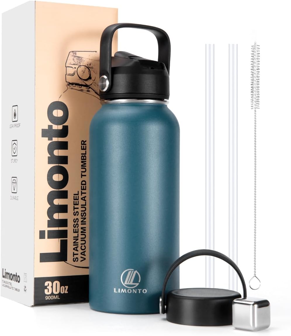 Botella de agua aislada de 32 onzas con tapa de popote (2 tapas), botella de agua deportiva de acero inoxidable Vacumm de doble pared, taza térmica