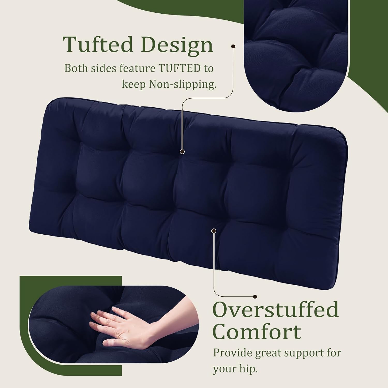 LOVTEX Cojines de banco copetudos para muebles de exterior, 48 x 18 pulgadas, cojines de columpio de patio azul marino, cojines de sofá biplaza para