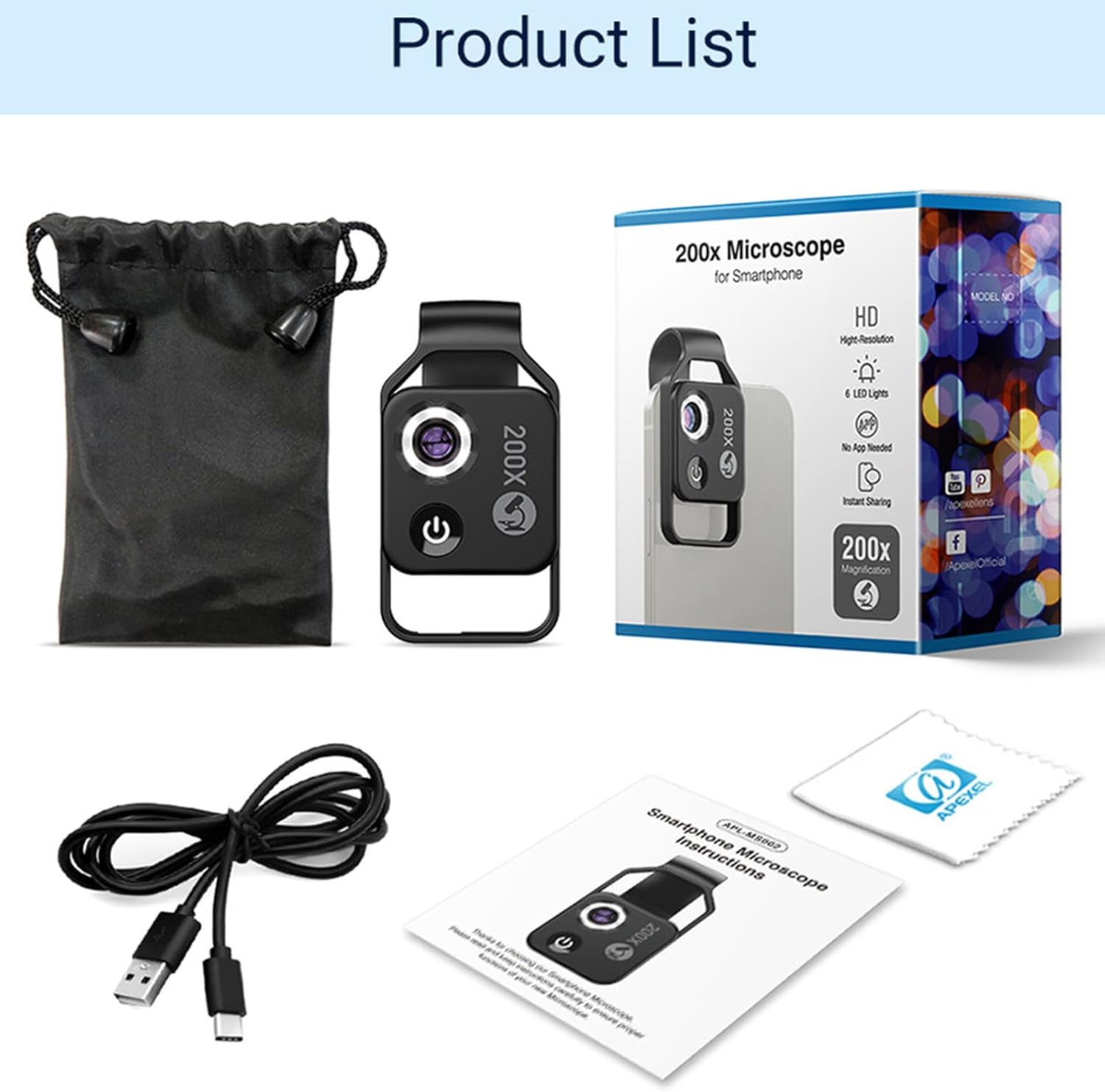 ANXPTIME Mini microscopio de bolsillo para teléfono 200X con luz LED CPL Microscopio digital Accesorios de cámara para la mayoría de teléfonos