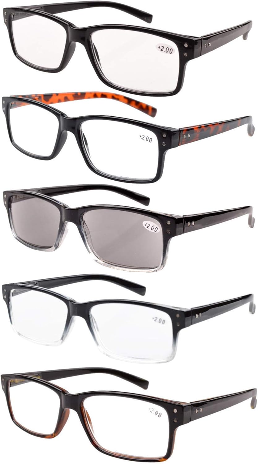 Eyekepper Paquete de 5 lentes de lectura para hombre, incluye lentes de sol de lectura, bisagras de resorte, gafas clásicas de tramposo +3.00