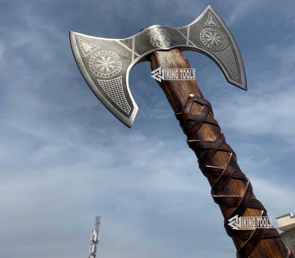 Herramientas vikingas Hacha vikinga de doble cabeza hacha de batalla medieval de doble filo de 24 pulgadas con mango de madera de fresno  Hacha de