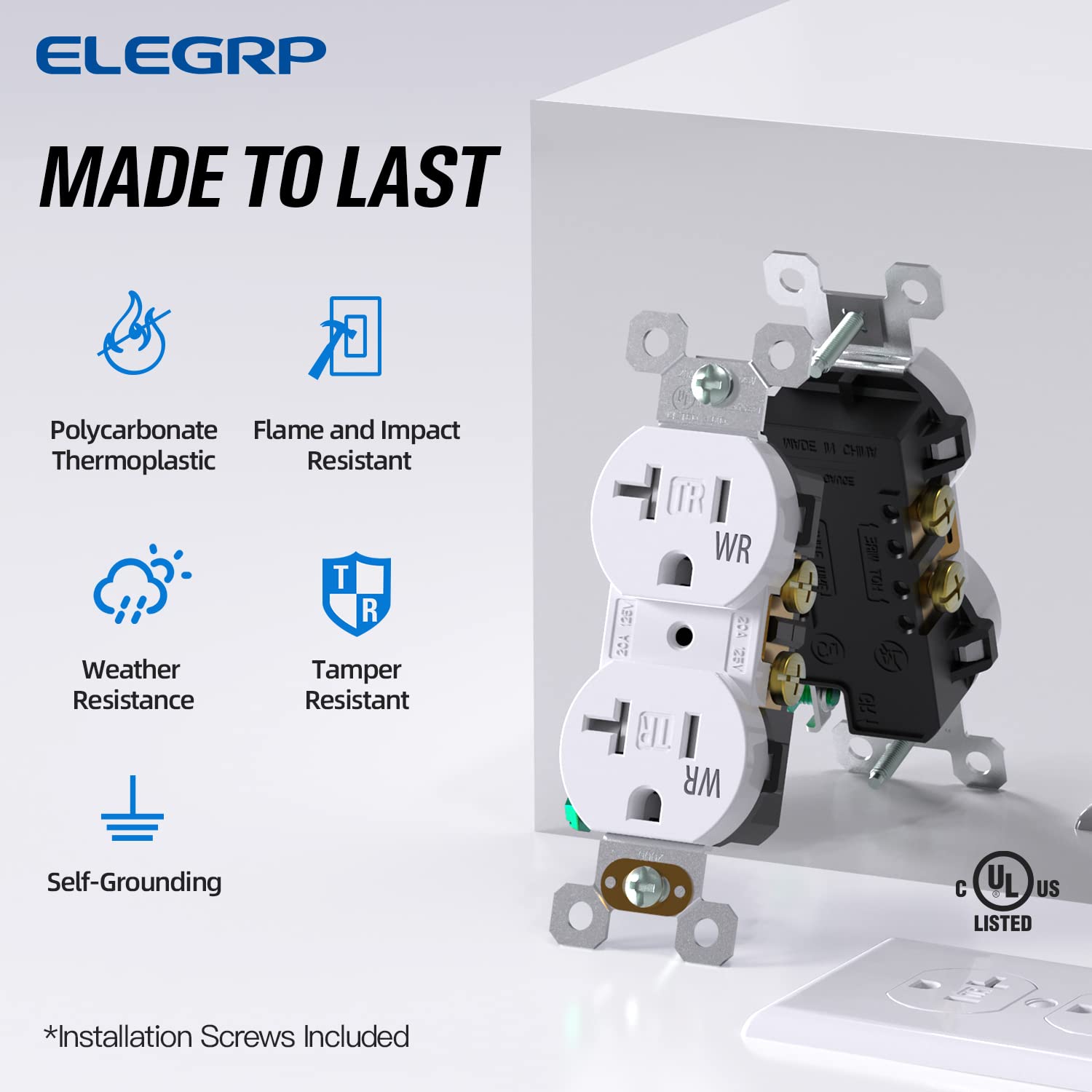 ELEGRP Receptáculo dúplex de 20 amperios y 125 V, toma de corriente eléctrica estándar, resistente a manipulaciones TR y resistente a la intemperie