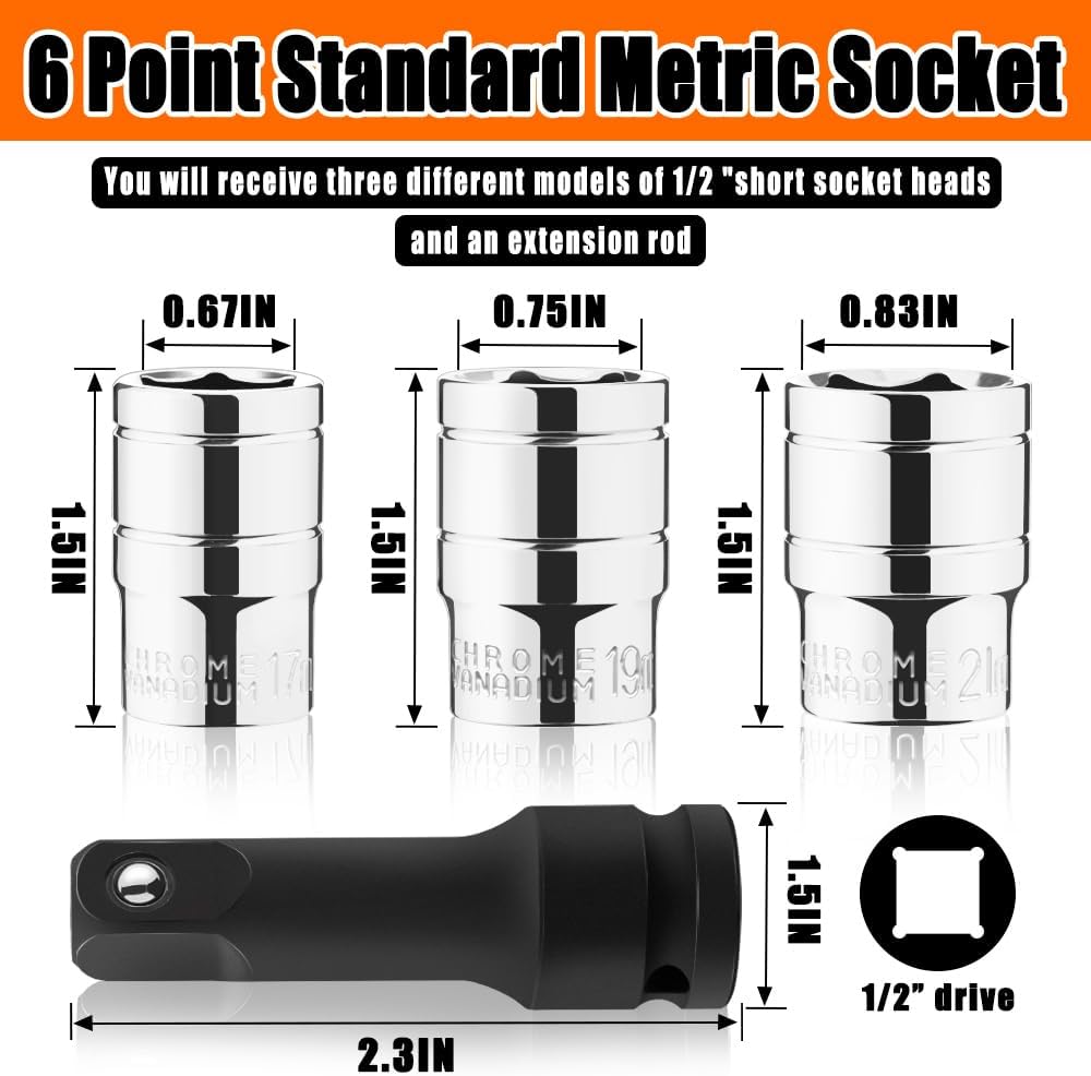 Juego de llaves de vaso de 12 pulgada poco profundas 4PCS-17, 19, 0.827 in, enchufe métrico estándar profesional de 6 puntos, zócalo cromado corto