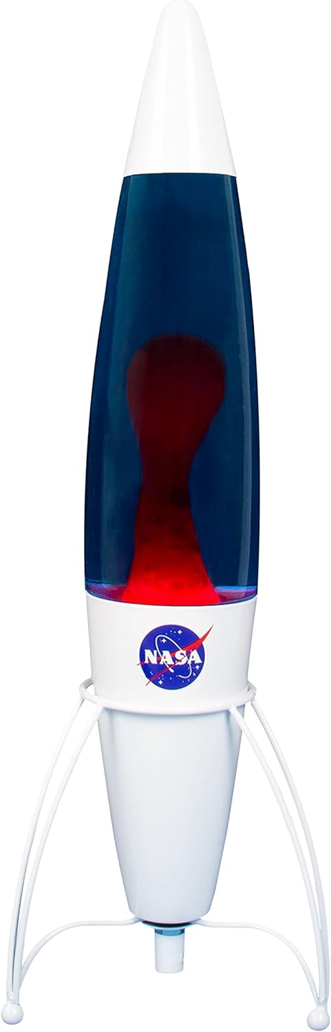 Lámpara de lava de cohete inspirada en la NASA. Incluye líquido azul y lava roja. 16.9 in17 pulgadas de alto. Alimentado por red eléctrica. Incluye