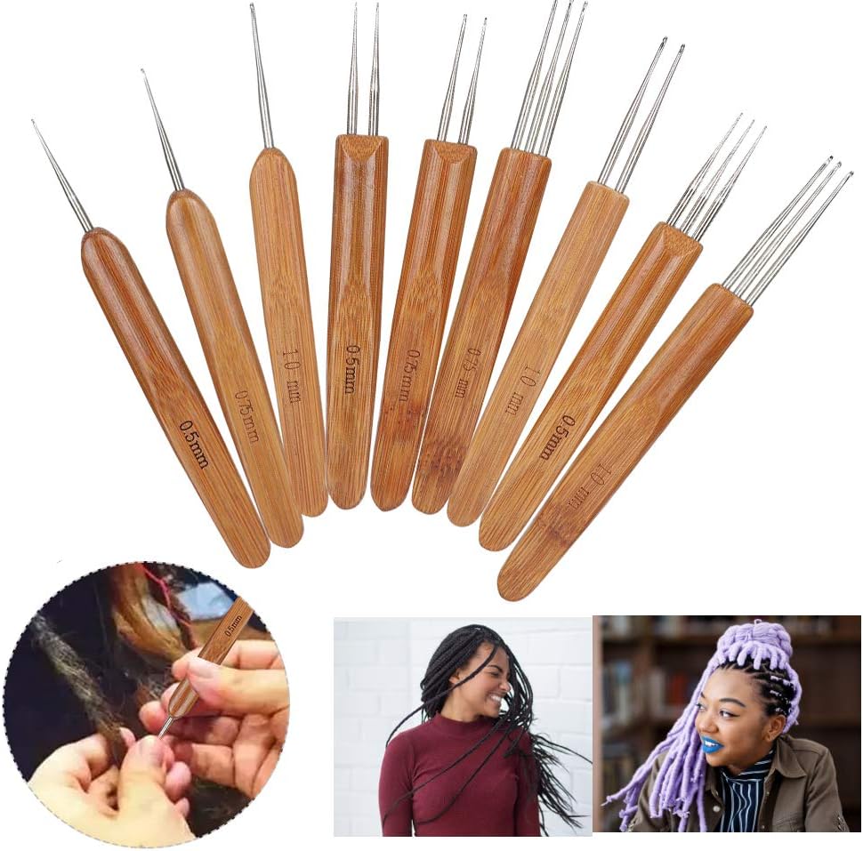 Juego de 9 ganchos de ganchillo para rastas, gancho de ganchillo de acero, mango de bambú para herramienta de tejido de cabello trenzado, artesanía