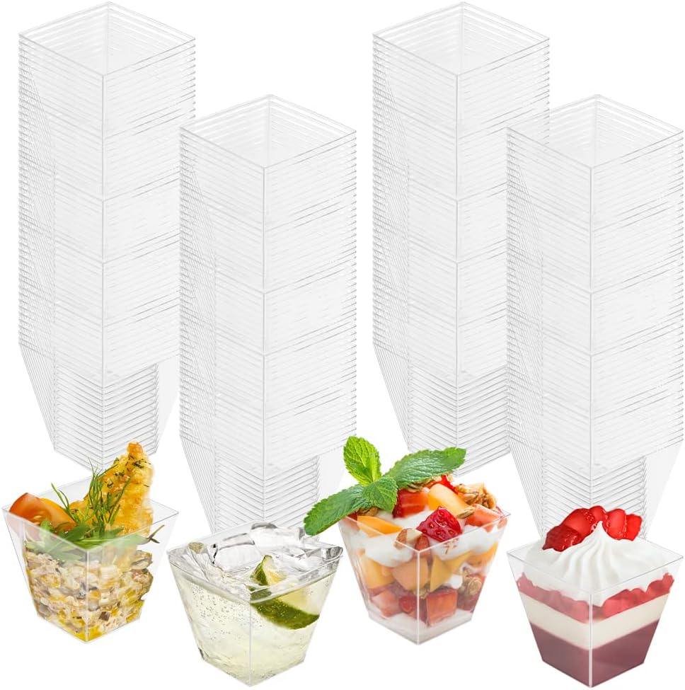200 vasos cuadrados de plástico de 2 onzas, mini tazas de postre de 2 onzas, vasos de chupito pequeños transparentes a granel para bebidas,