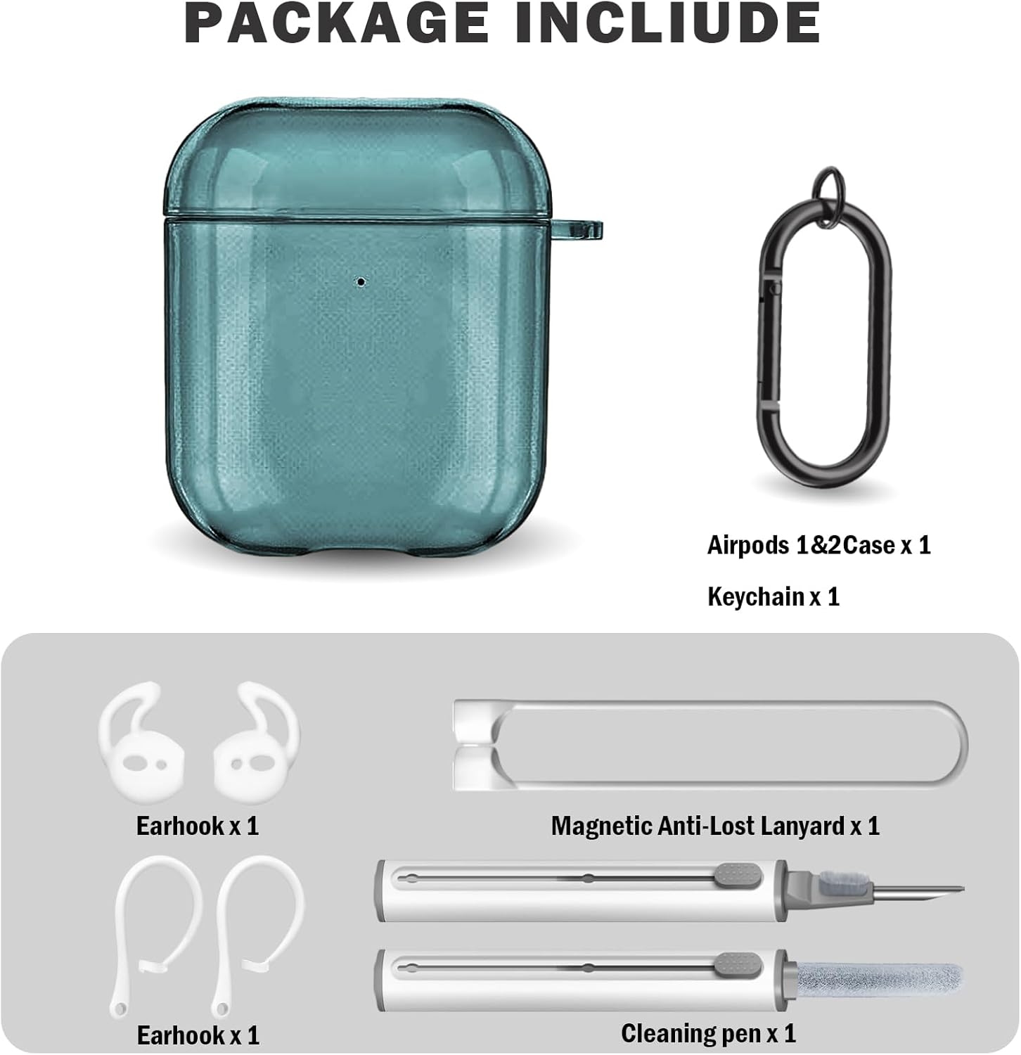 Funda para AirPods de 2 generación y 1 generación con kit de limpieza, correa antipérdida, cordón deportivo y cubierta de ganchos para las orejas (2