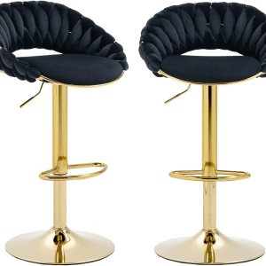Juego de 2 taburetes de bar giratorios de terciopelo, sillas de bar modernas ajustables con respaldo tejido hueco, taburete de bar dorado de lujo, Juego de 2 taburetes de bar giratorios de terciopelo, sillas de bar modernas ajustables con respaldo tejido hueco, taburete de bar dorado de lujo,