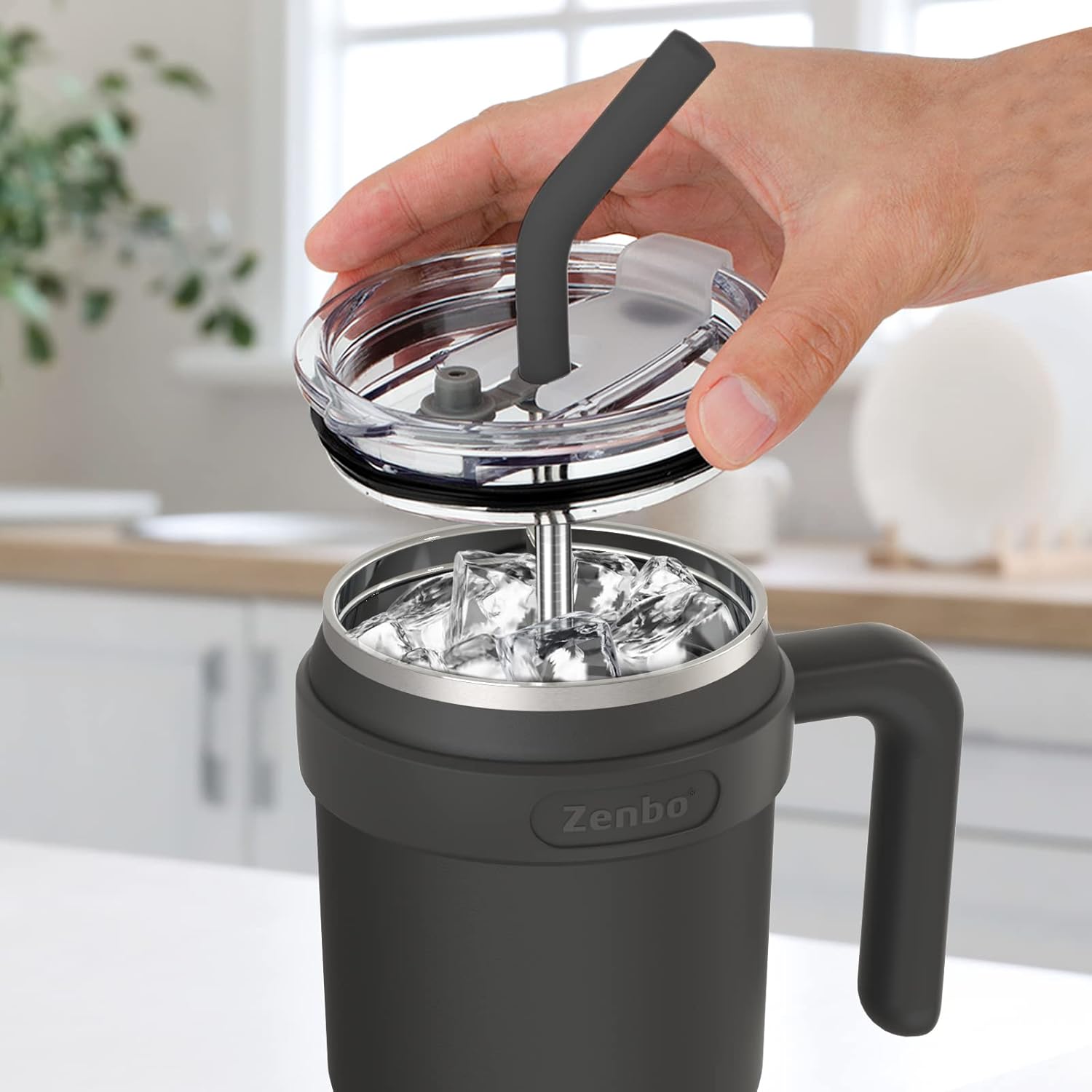 Zenbo Vaso de 40 onzas con asa, acero inoxidable aislado al vacío con asa, tapa y popote, mantiene las bebidas frías hasta 34 horas, cuerpo a prueba