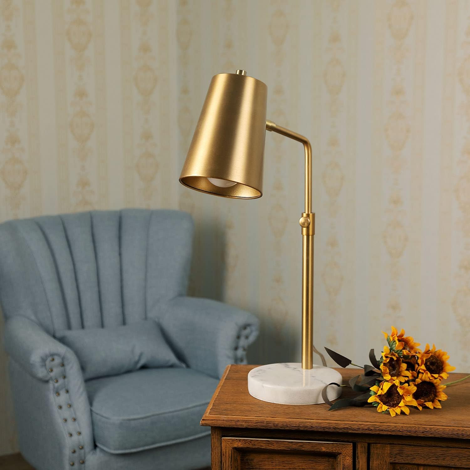 VONLUCE Lámpara de escritorio dorada con bombilla LED ajustable, lámpara de mesa de metal de latón antiguo, base de mármol, lámpara de lectura