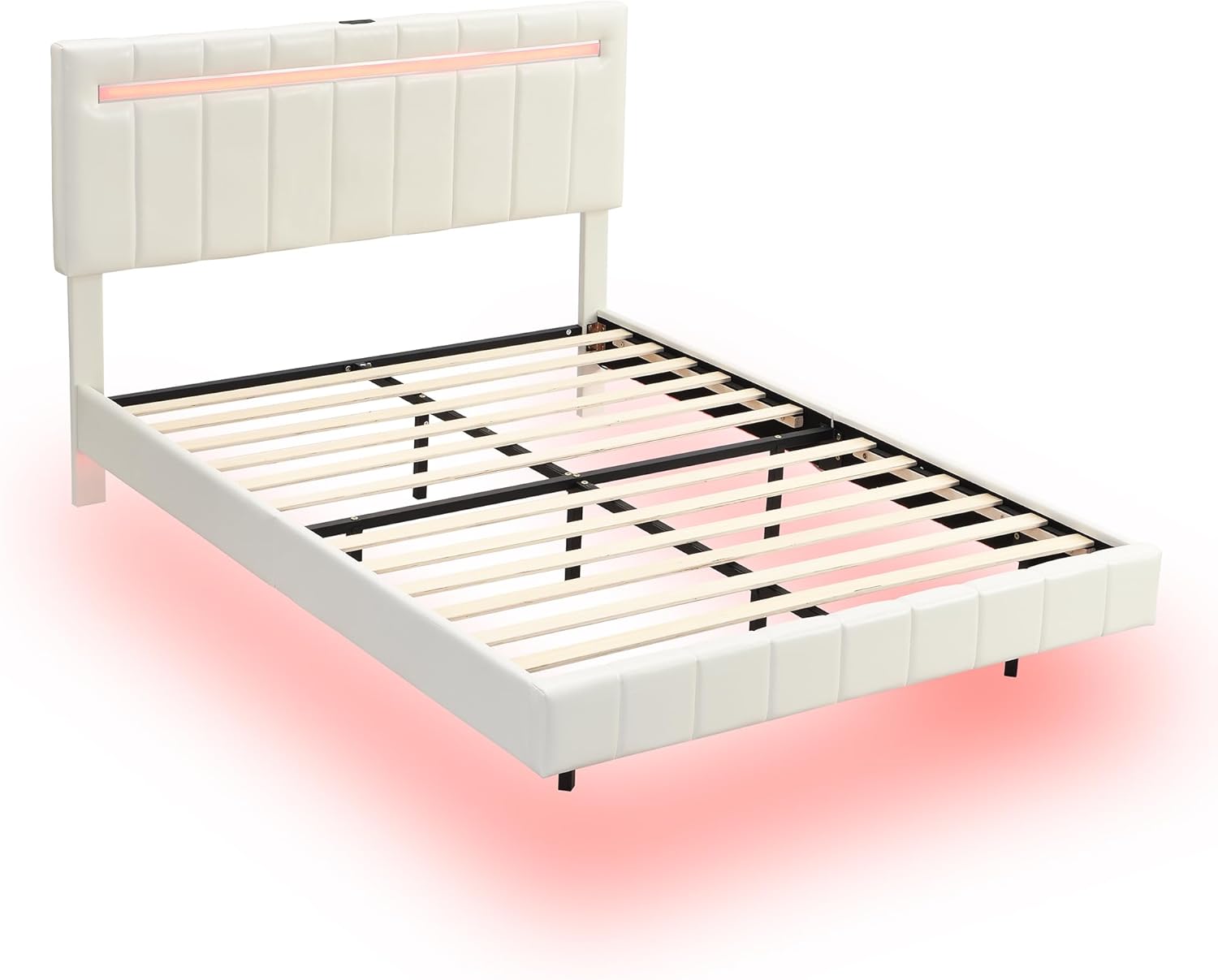 Linique Marco de cama flotante tamaño Queen con luces LED y carga USB, moderno marco de cama LED tapizado de poliuretano tamaño Queen, color blanco