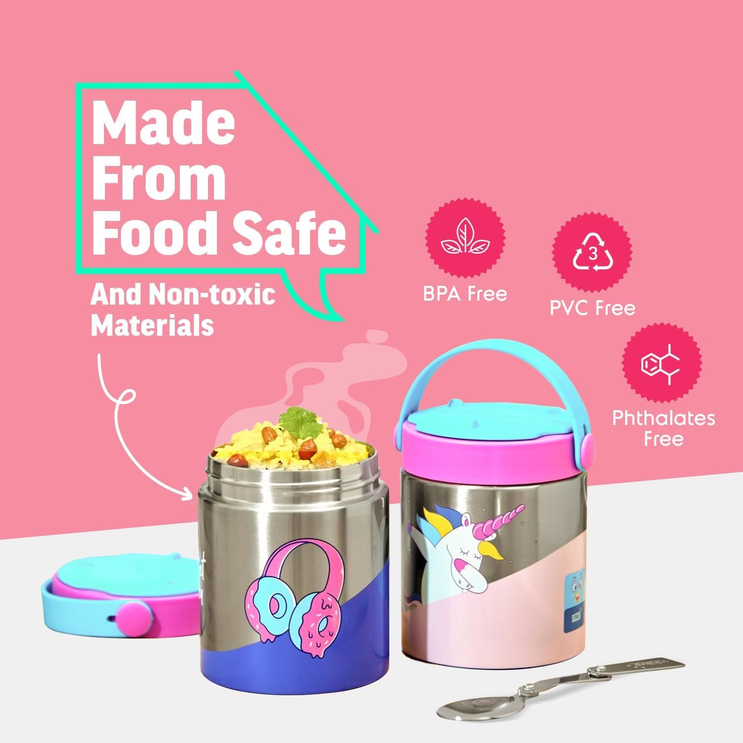 MEALMATE – Tarro de alimentos con aislamiento al vacío Sparky I  Tarro de alimentos de acero inoxidable para niños (14.1 fl oz)