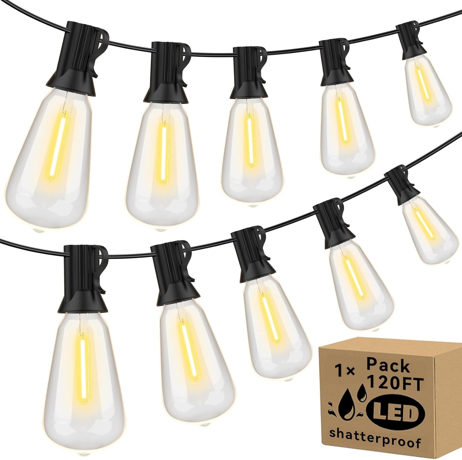 Paquete de 1 tira de luces para exteriores de 120 pies, impermeable, con 62 bombillas LED regulables inastillables, aprobación UL, ST38, bombillas