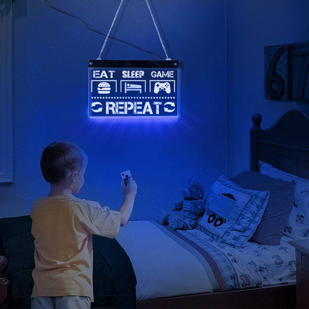 The Geeky Days Eat Sleep Game Repeat Funny Gaming Quote Letrero de neón LED con siete colores cambiantes para hombre, cueva, video gamer, decoración