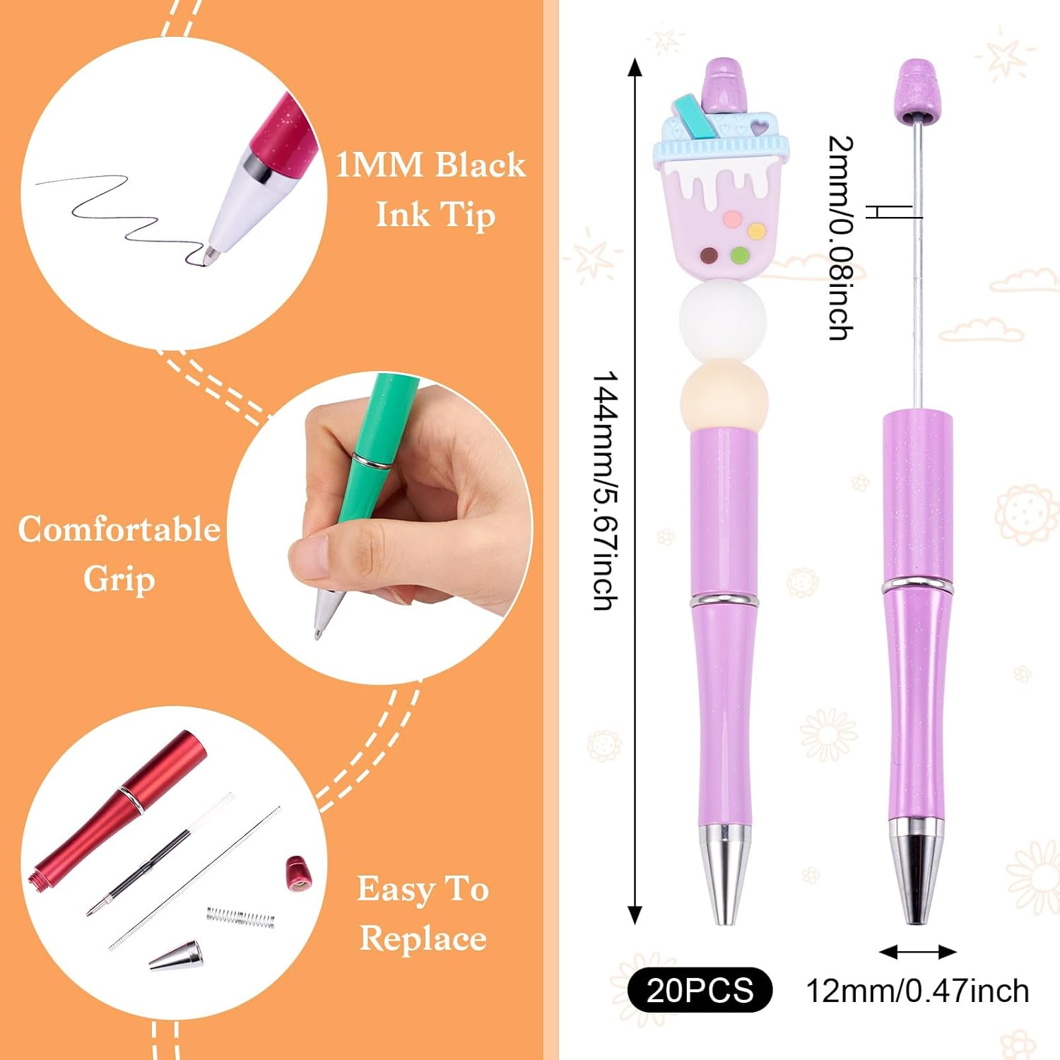 Beadthoven – 20 bolígrafos de plástico con cuentas con eje de bolígrafo de tinta negra para manualidades, suministros de decoración de bolígrafos,