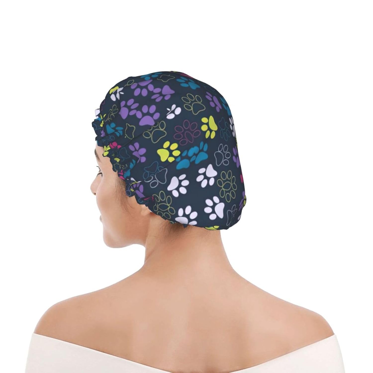 Lindo gorro de ducha con diseño de pata de perro, marco completo, doble capa, impermeable, cómodo, elástico y portátil