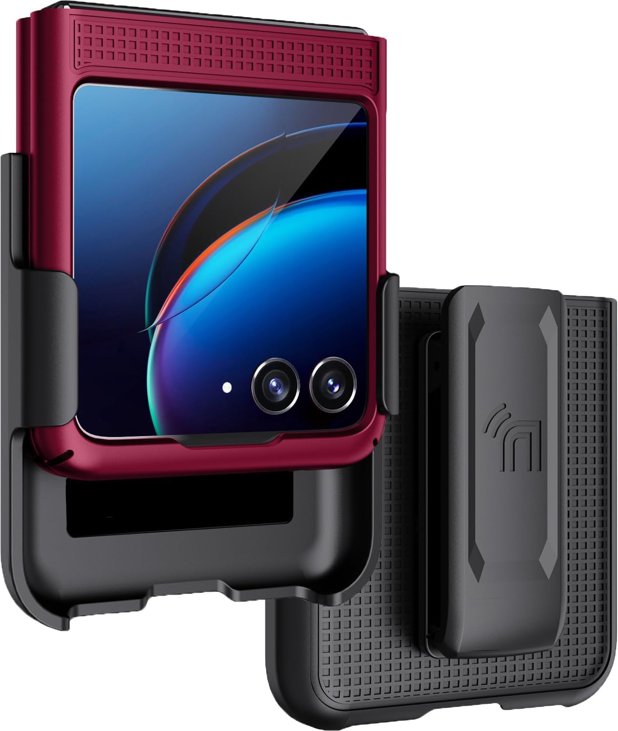 Nakedcellphone – Funda con clip para Motorola RAZR+ 2023, textura de cuadrícula cubierta rígida delgada y giratoriatrinquete Funda de cadera para
