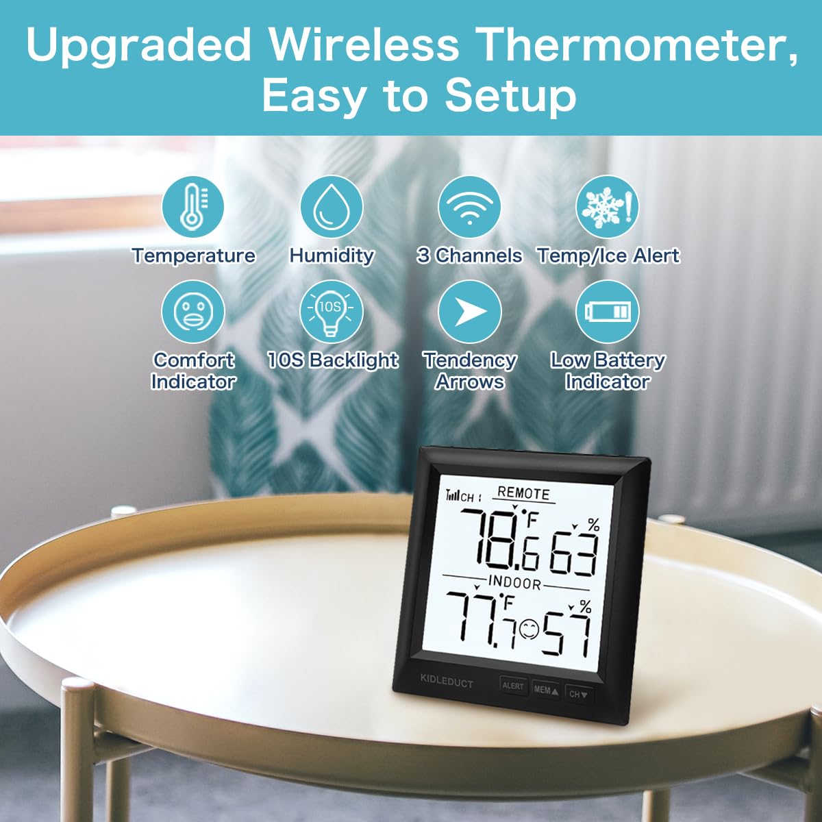 Termómetro inalámbrico para interiores y exteriores, funciona con pilas, alta precisión interior y exterior, temperatura de humedad con alerta,