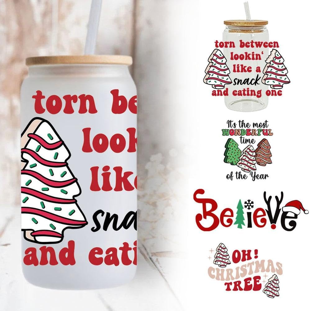Adhesivos de transferencia de vasos UV DTF, calcomanía decorativa de Feliz Navidad para vasos de vidrio, envoltura de vasos impermeables de Papá
