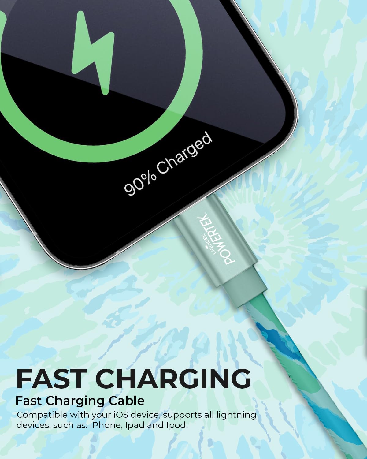 LIQUIPEL Powertek – Cable de carga Lightning para iPad y iPhone, carga rápida, MFI de 6 pies, teñido anudado negro (verde)