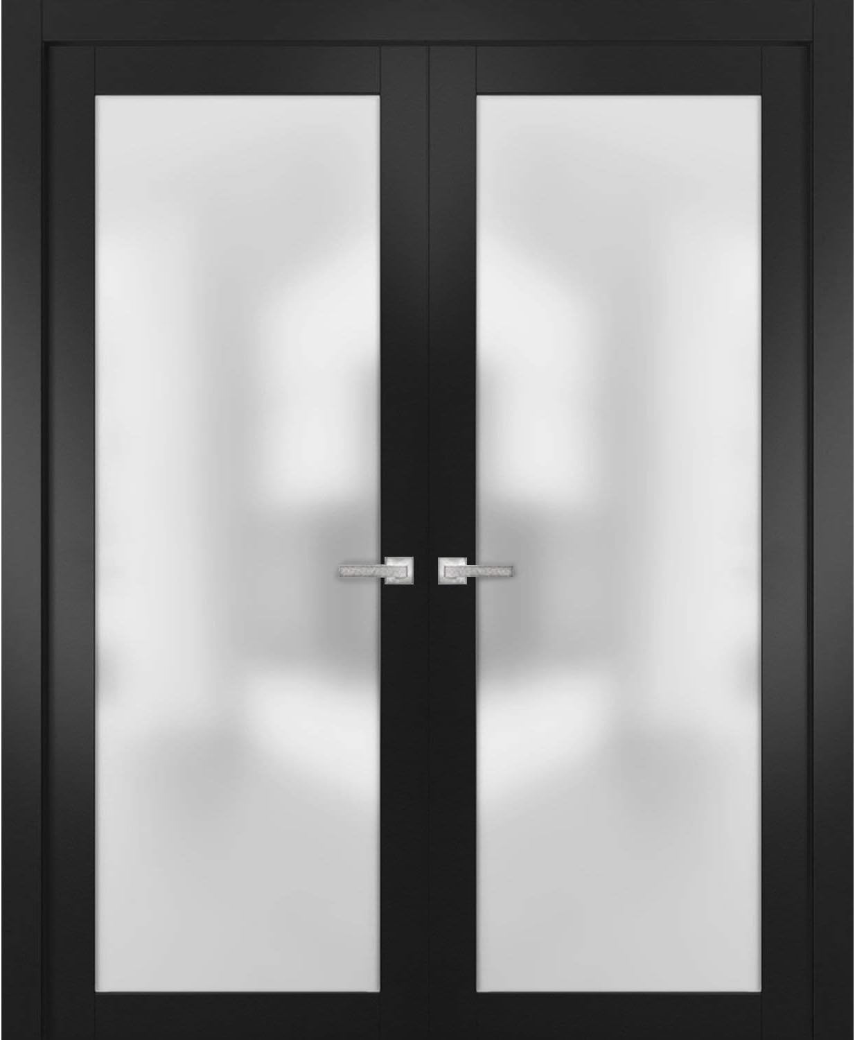 Solid French Double Doors 48 x 80 inches Frosted Glass  Planum 2102 Matte Black  Wood Solid Panel Frame Trims  Closet Bedroom Sturdy Doors