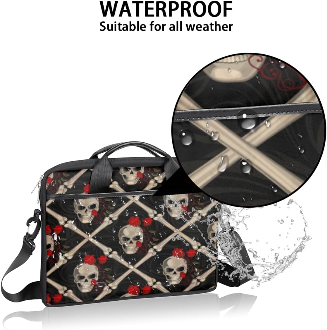 Bolsa para laptop con diseño de calavera y rosa negra para mujeres y hombres, funda impermeable para laptop con correa para el hombro, maletín de