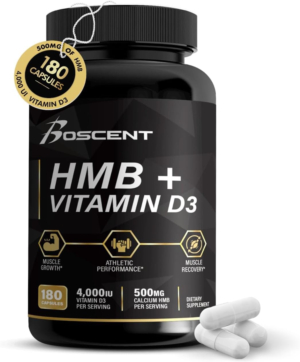 Suplemento de HMB y vitamina D3 – Suplementos de 1,000 mg de HMB con 4,000 UI de D3 y calcio para el crecimiento muscular, la fuerza y la