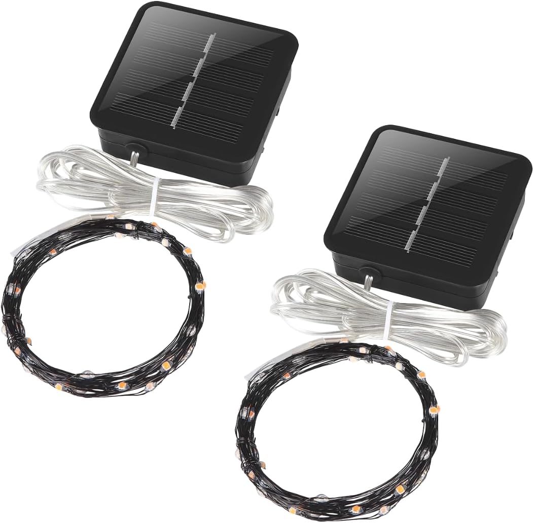 Pequeñas luces espeluznantes para jardín, mini tira de luces solares de Halloween para jardín, cable de cobre negro, luces naranjas y moradas, 15