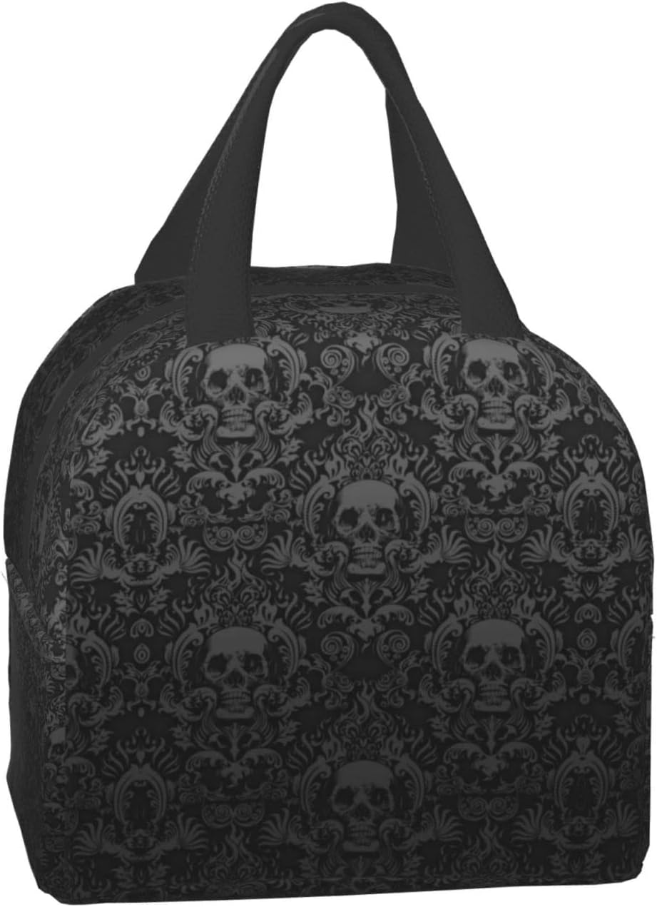 Bolsa de almuerzo aislada de calavera negra gótica con bolsillos, para mujeres y hombres, reutilizable, portátil, térmica, para el trabajo, picnic,