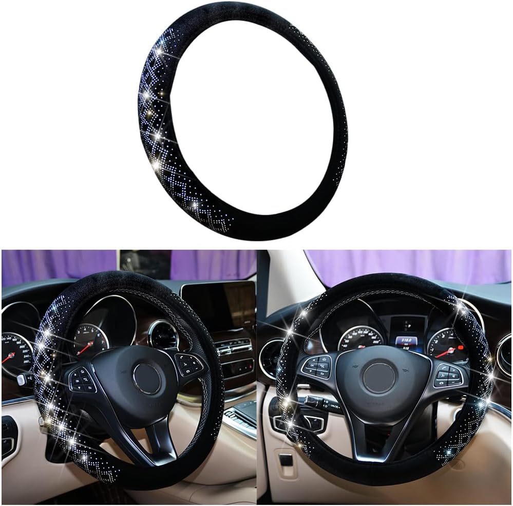 Funda brillante para volante de automóvil, protector de volante de terciopelo suave con diamantes de imitación, universal de 15 pulgadas, esponjosa
