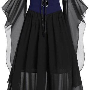 Vestido gótico para mujer, con hombros descubiertos, manga de mariposa, con cordones, vestido de Halloween, vestido medieval renacentista Vestido gótico para mujer, con hombros descubiertos, manga de mariposa, con cordones, vestido de Halloween, vestido medieval renacentista