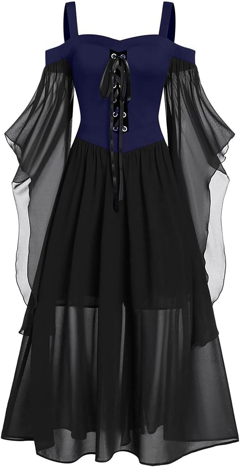 Vestido gótico para mujer, con hombros descubiertos, manga de mariposa, con cordones, vestido de Halloween, vestido medieval renacentista