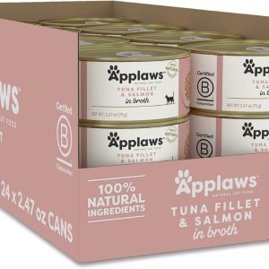 Applaws Wet Cat Food, paquete de 24, alimento húmedo enlatado de ingredientes limitados, atún y salmón en caldo, 24 latas de 2.47 onzas Applaws Wet Cat Food, paquete de 24, alimento húmedo enlatado de ingredientes limitados, atún y salmón en caldo, 24 latas de 2.47 onzas