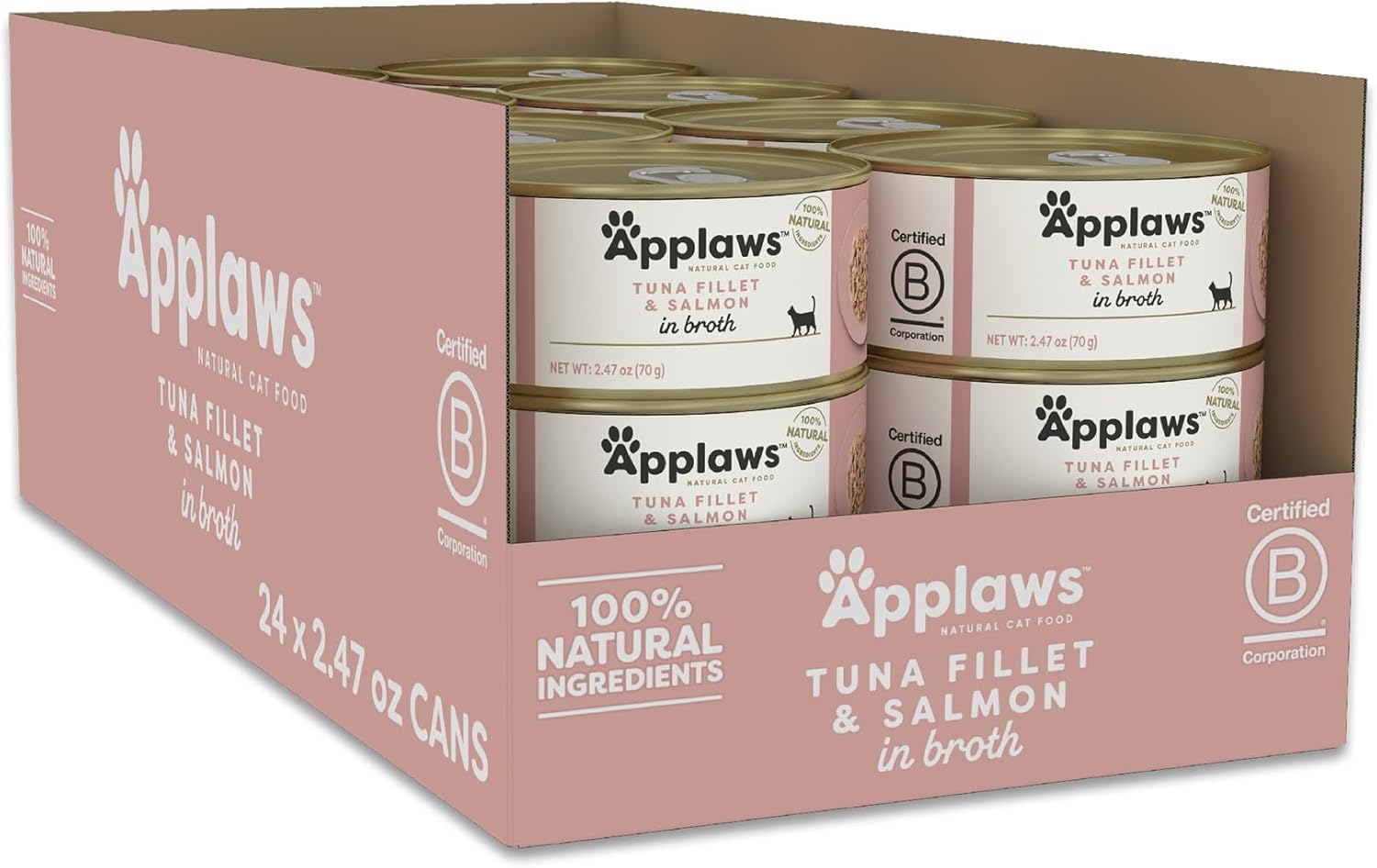 Applaws Wet Cat Food, paquete de 24, alimento húmedo enlatado de ingredientes limitados, atún y salmón en caldo, 24 latas de 2.47 onzas