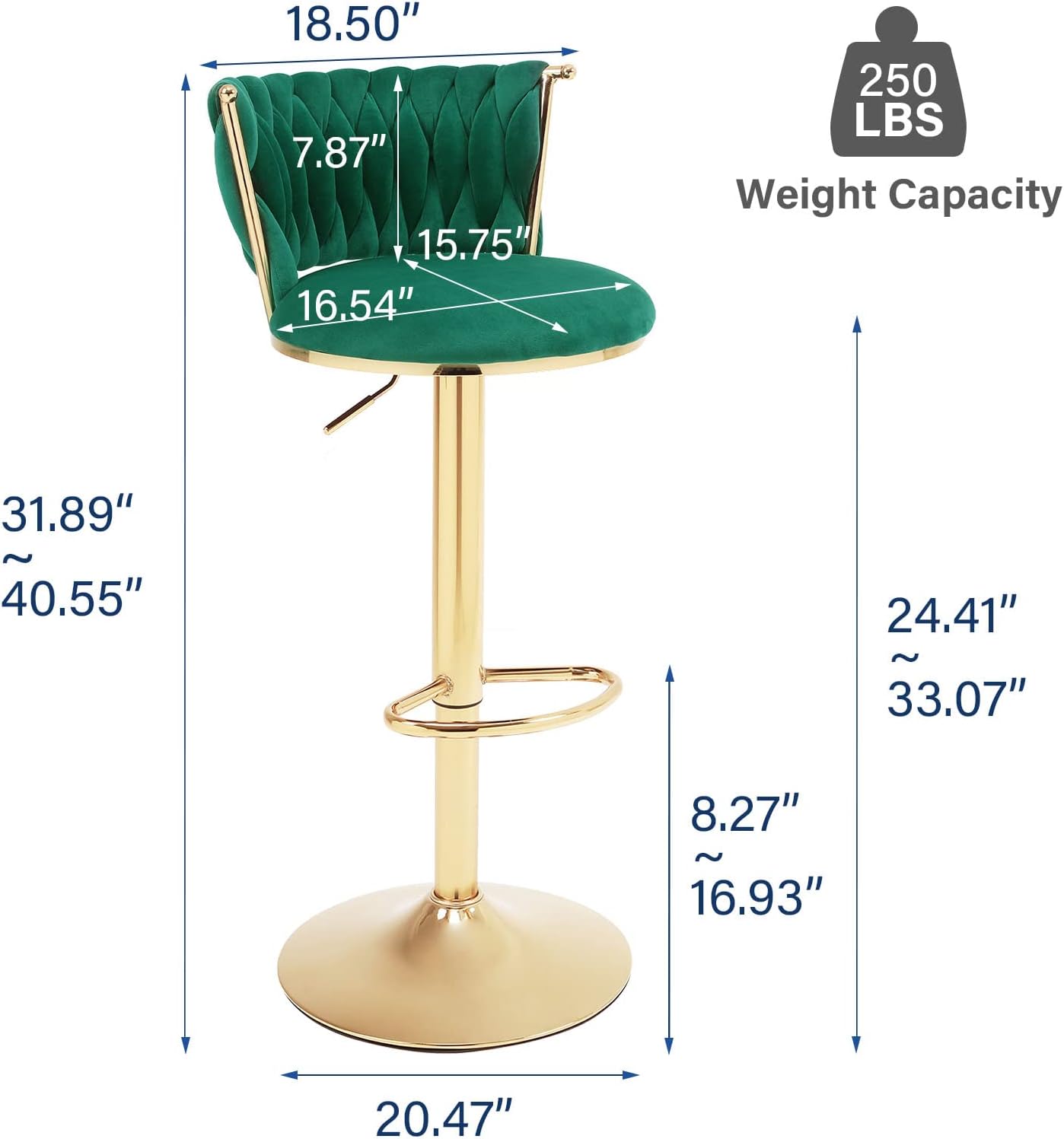 Juego de 2 taburetes de bar giratorios de terciopelo, modernos taburetes de bar de altura ajustable de 24 pulgadas con respaldo tejido y reposapiés,