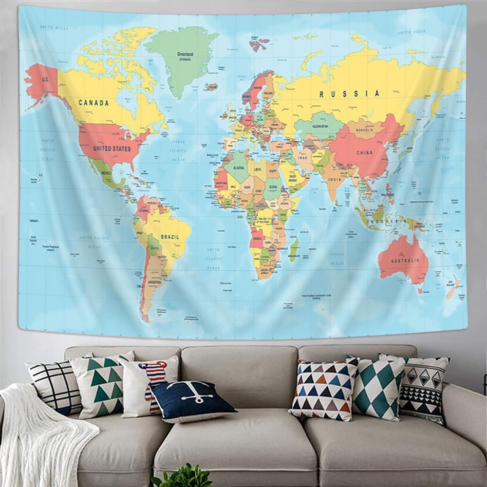 Tapiz de mapa del mundo, Asia Europa, topografía de la ciudad del sur, Estados Unidos, África, Japón, tapices educativos para niños, estudiantes,