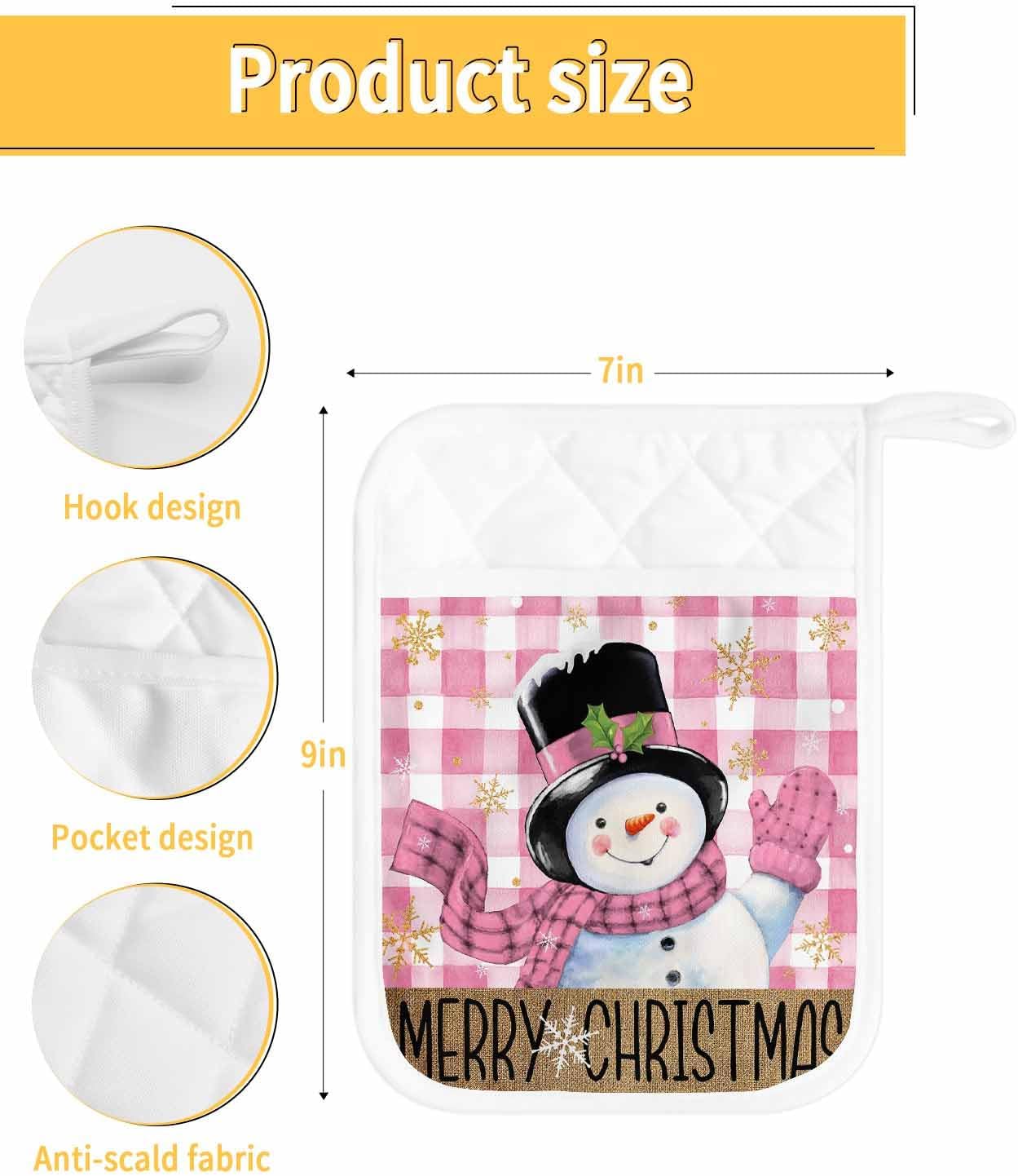 Snowman Pink 4Pcs Pot Holders for Kitchen,Non Slip & Heat Insulation Terry Cloth Potholder Set with Pocket,Thick Hot Pad Oven Mitts Trivet Coaster